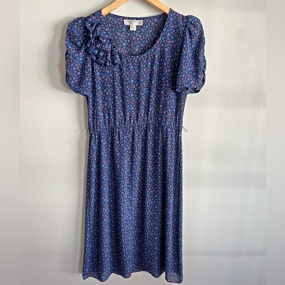 Vintage 80s Charlee Allison Floral Puff Sleeve Midi Dress Cottagecore